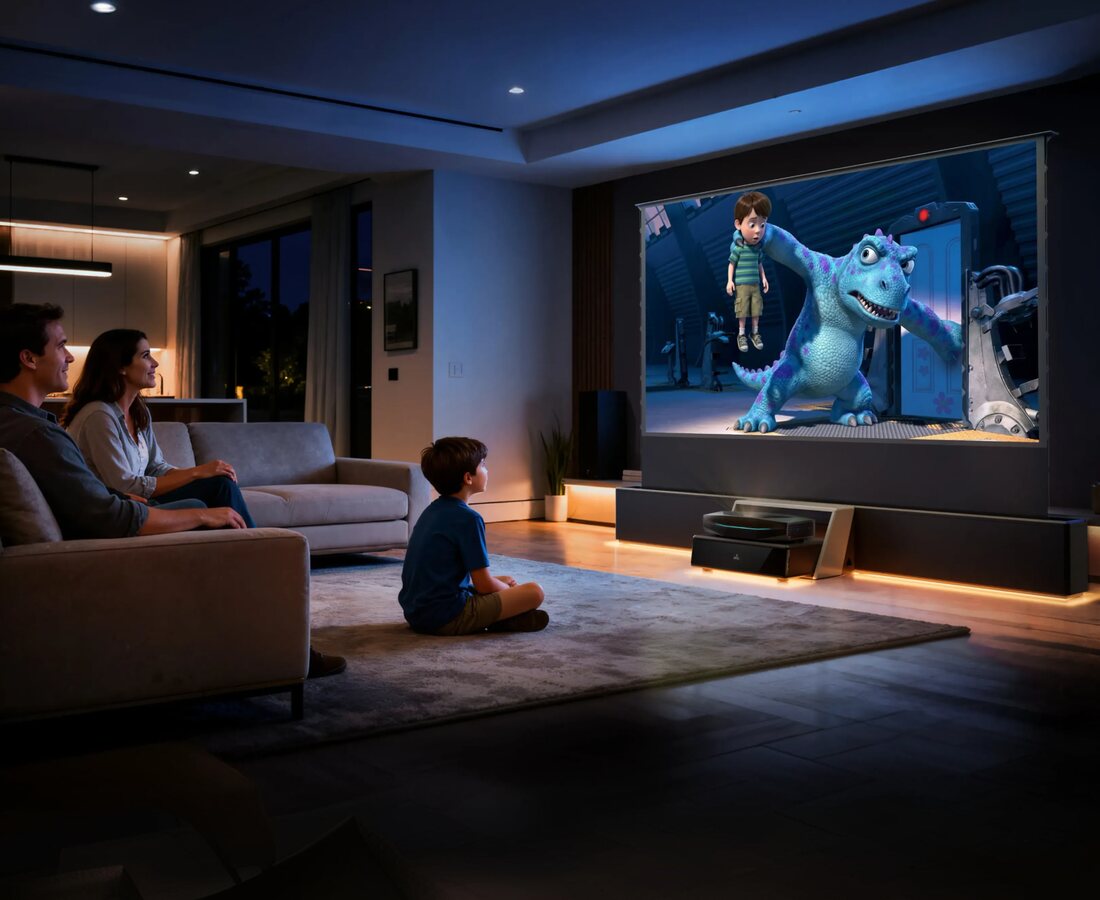 Proyector láser AWOL Vision Aetherion Pro proyectando una película en la sala de una familia