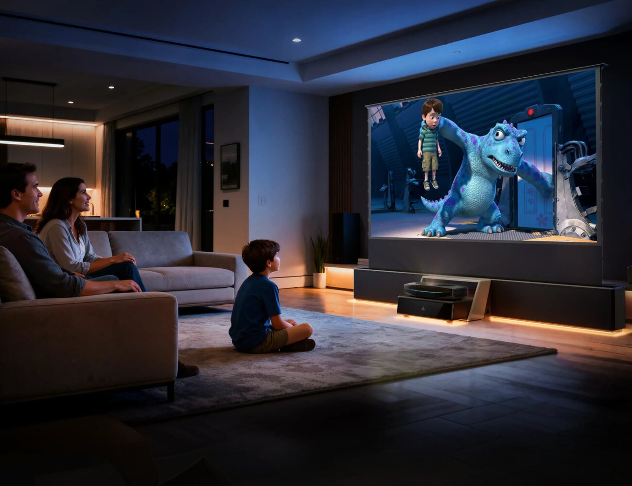 Proyector láser AWOL Vision Aetherion Pro en la sala de una familia